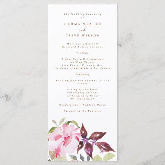 Programme Joyeuse cérémonie Mariage de Florals d'aquarelle (Devant)