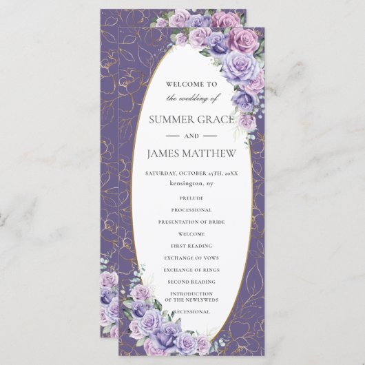 Programme Lavande violette Lilac Ligne Art Mariage Floral (Devant / Derrière)