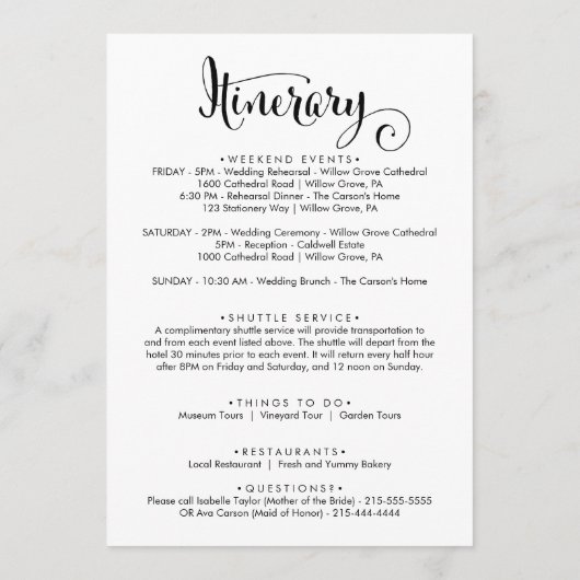 Programme Lettre de bienvenue et itinéraire de mariage South (Dos)