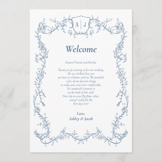 Programme Lettre et Itinéraire de Mariage Botanique Bleu Aci (Devant)