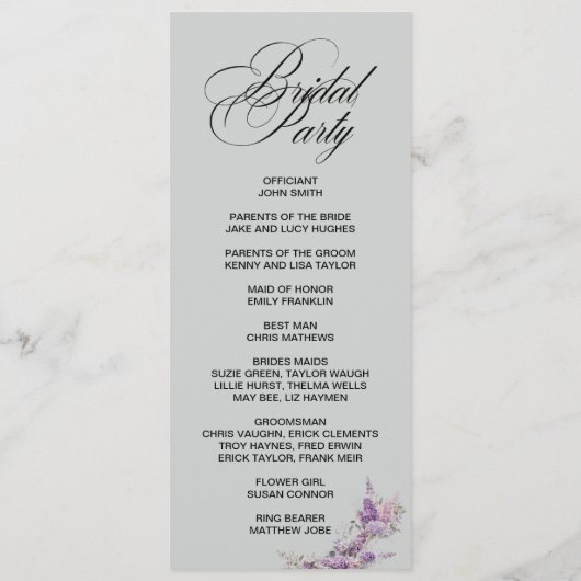 Programme Lilac floral Elegant double side program card  (Dos)