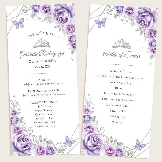 Programme Lilac Silver Floral Quinceanera Order of Events