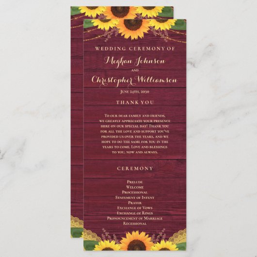 Programme Lumières en bois rustique dentelle Mariage de tour (Devant / Derrière)