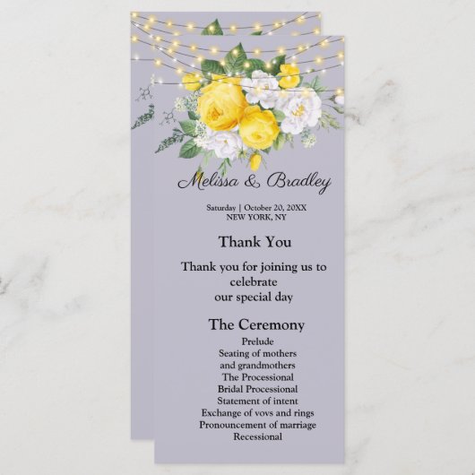 Programme Lumières rustiques Jaune Floral Menu.Programme de (Devant / Derrière)