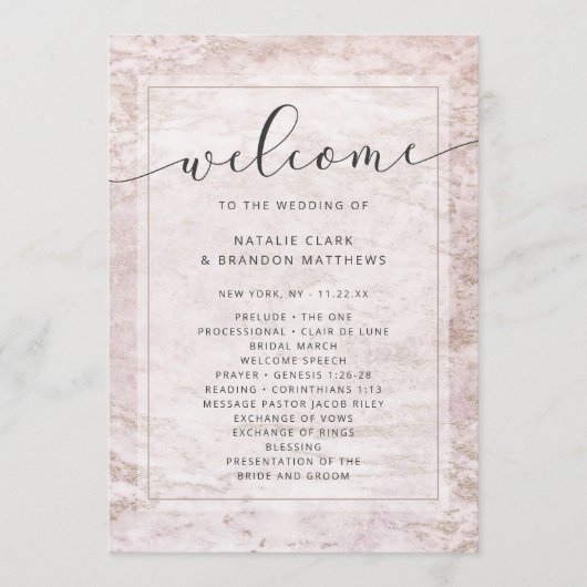 Programme Marbres modernes en Mauve Rose Gold Mariage cérémo (Devant)