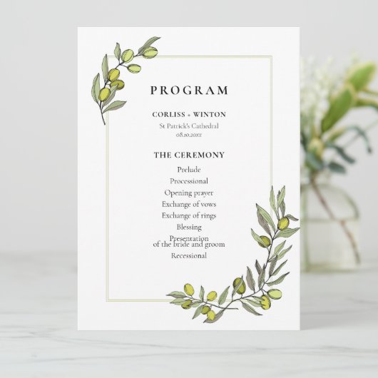 Programme Mariage à deux côtés encadré de branches d'olive (Debout devant)
