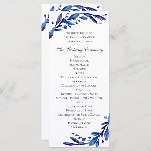 Programme Mariage à fleurs bleu aquarelle. Botanique de la M (Devant / Derrière)