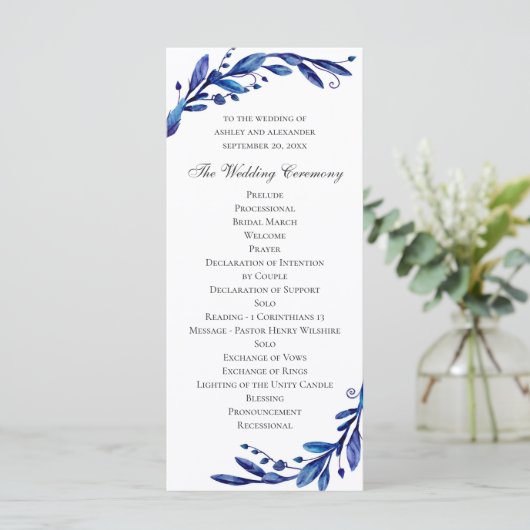 Programme Mariage à fleurs bleu aquarelle. Botanique de la M (Debout devant)