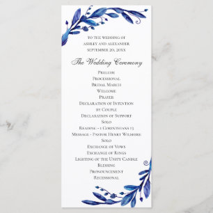 Programme Mariage à fleurs bleu aquarelle. Botanique de la M