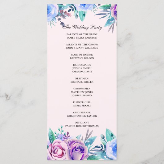 Programme Mariage à fleurs rose et bleu. Fleurs d'eau (Dos)