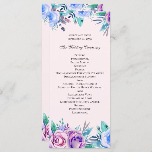 Programme Mariage à fleurs rose et bleu. Fleurs d'eau (Devant / Derrière)