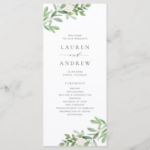 Programme Mariage à l'aquarelle avec verdure et fleurs blanc