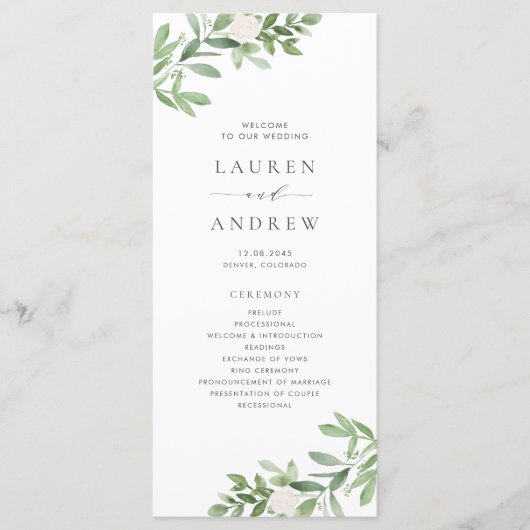 Programme Mariage à l'aquarelle avec verdure et fleurs blanc (Devant)