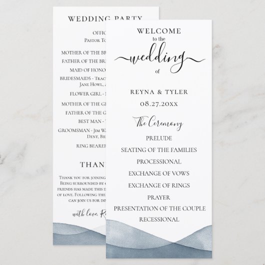 Programme Mariage à l'aquarelle bleu Dip Dye (Devant / Derrière)