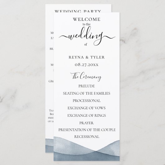 Programme Mariage à l'aquarelle bleu ombré (Devant / Derrière)