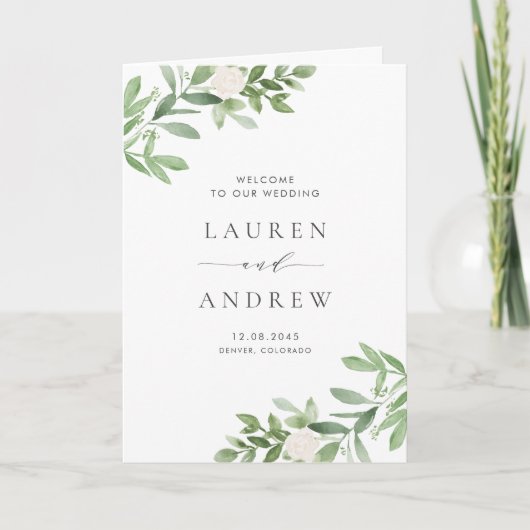 Programme Mariage à l'aquarelle de verdure et de fleurs blan (Devant)
