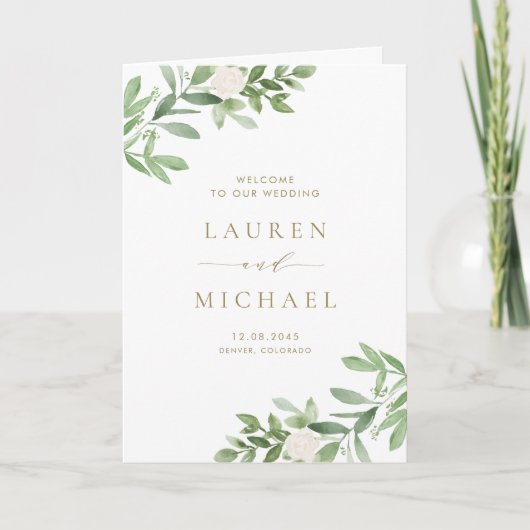 Programme Mariage à l'aquarelle de verdure et de fleurs blan (Devant)