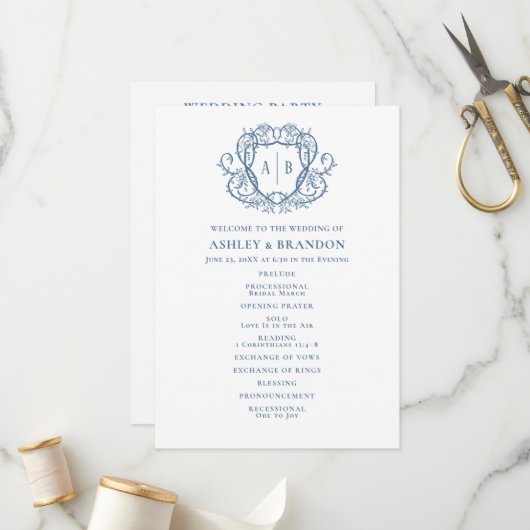 Programme Mariage à monogramme crête acier bleu Rosier déamb (Devant/Arrière en situation)