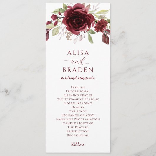 Programme Mariage aquarelle floral rouge vin de Bourgogne (Devant)