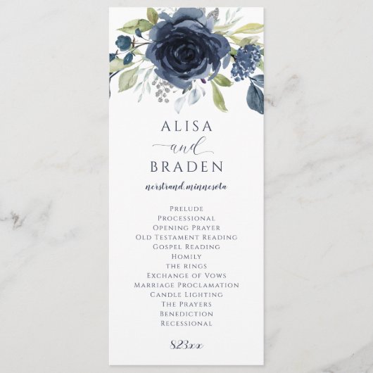 Programme Mariage aquarelle florale bleu marine argent (Devant)