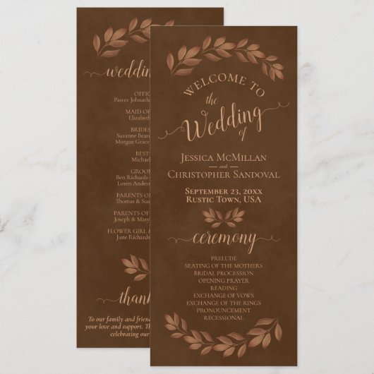 Programme Mariage Aquarelle Rustique Feuilles Marron Châtaig (Devant / Derrière)