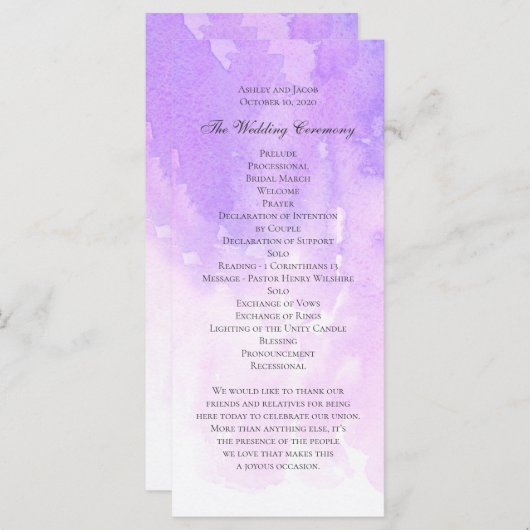 Programme Mariage aquarelle violet. Élégant lilas violet (Devant / Derrière)