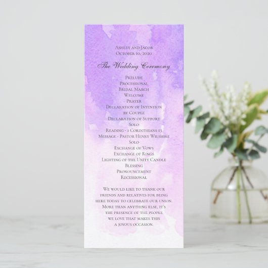 Programme Mariage aquarelle violet. Élégant lilas violet (Debout devant)