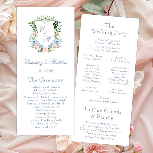 Programme Mariage au blason floral bleu poussiéreux