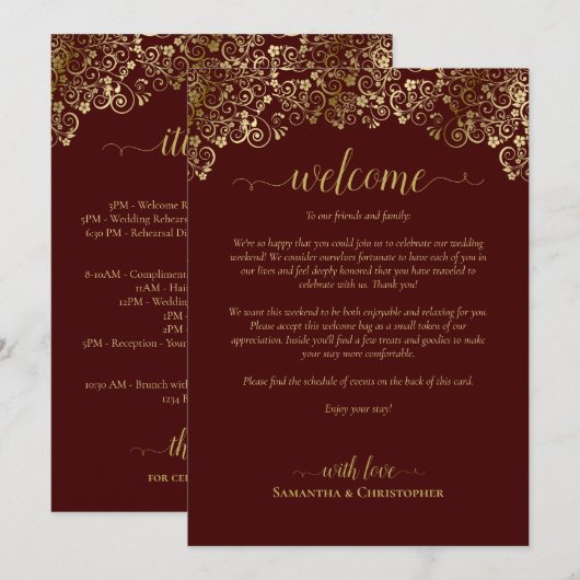 Programme Mariage Auburn Brun & Or Bienvenue & Itinéraire (Devant / Derrière)