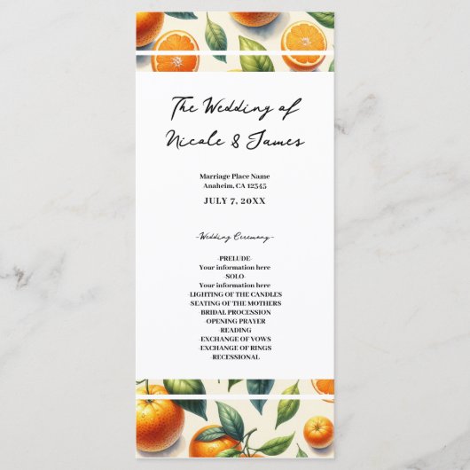 Programme Mariage aux feuilles d'orange agrumes à l'aquarell (Devant)