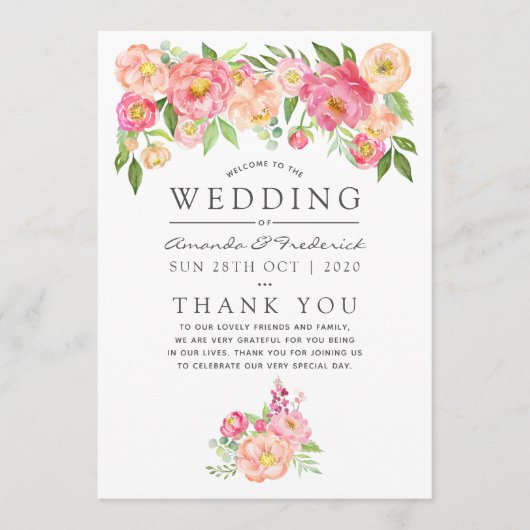 Programme Mariage aux pivoines aquarelles (Devant)