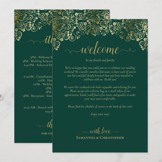 Programme Mariage Bienvenue & Itinéraire Vert Émeraude & Or (Devant / Derrière)
