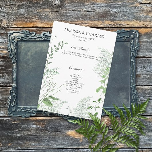 Programme Mariage blanc de feuillage vert de fougère rustiqu