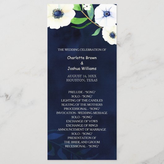Programme Mariage bleu de l'Anemone Floral Navy (Devant)