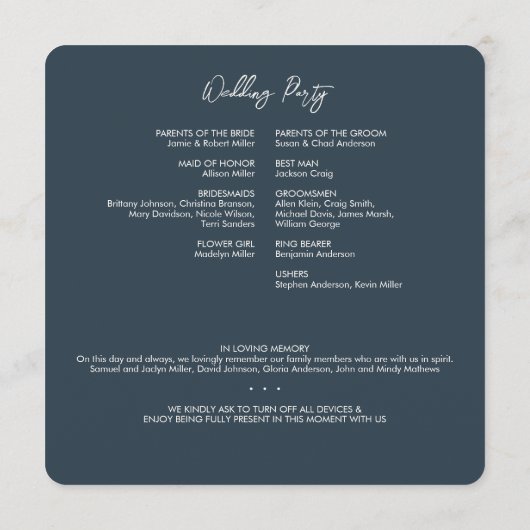 Programme Mariage bleu marine floral minimal (Dos)