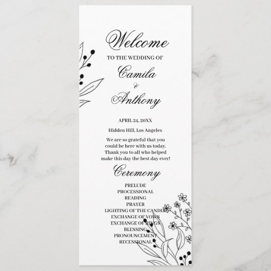 Programme Mariage Boho floral noir et blanc (Devant)