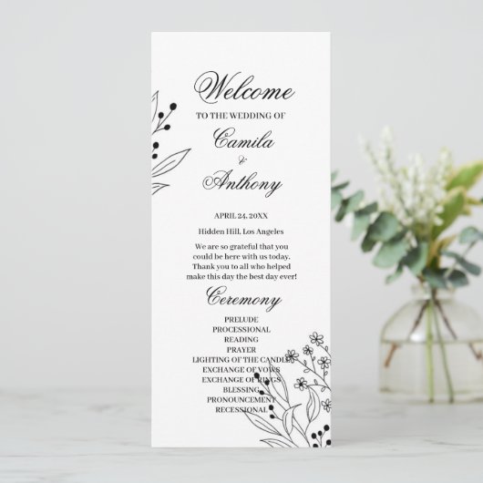 Programme Mariage Boho floral noir et blanc (Debout devant)
