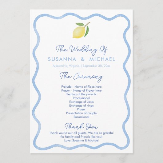 Programme Mariage Boho Pale Blue Wavy Border Lemons (Devant)