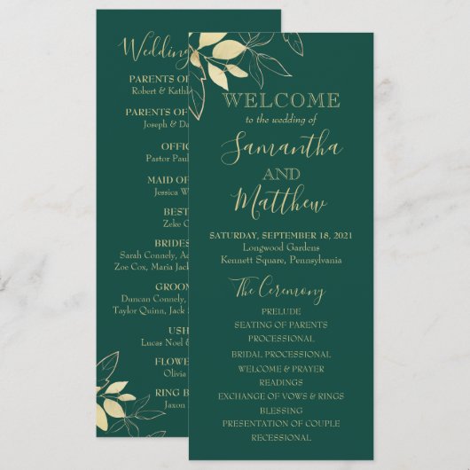Programme Mariage Botanique au Feuillage Vert Émeraude et Or (Devant / Derrière)