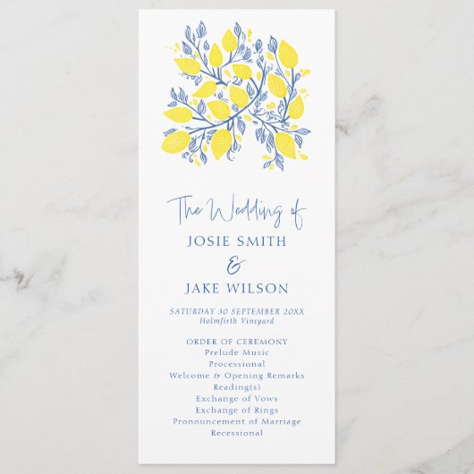 Programme Mariage botanique bleu et jaune (Devant)