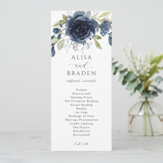 Programme Mariage Botanique Floral Argent Bleu Marine (Debout devant)