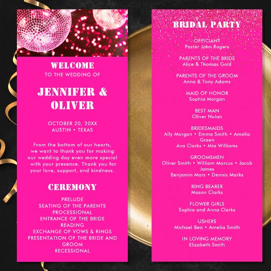 Programme Mariage Boules Rétro Disco Paillettes Rose Gras Ch