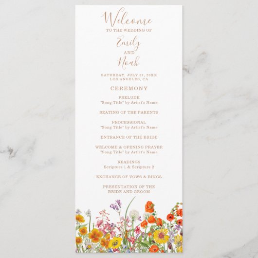 Programme Mariage campagnard aux fleurs sauvages colorées (Devant)