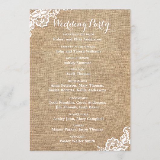 Programme Mariage campagnard Rustique Burlap Et Dentelle (Dos)