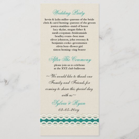 Programme mariage campagnard turquoise Rustique et dentelle (Dos)