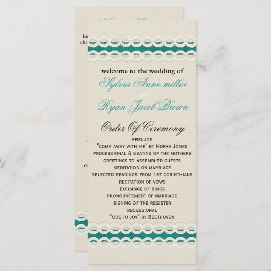 Programme mariage campagnard turquoise Rustique et dentelle (Devant / Derrière)