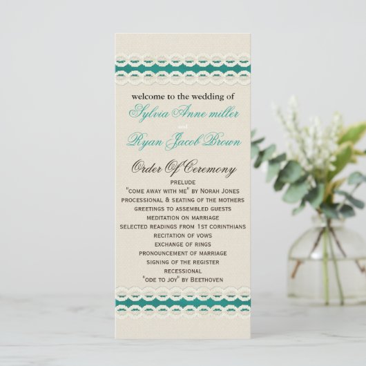 Programme mariage campagnard turquoise Rustique et dentelle (Debout devant)