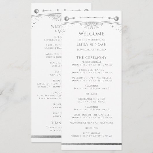 Programme Mariage Céleste Soleil Lune Étoiles Argent Blanc (Devant / Derrière)