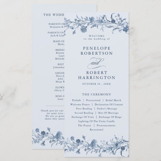 Programme Mariage Chic Classique Victorien Bleu Jardin Franç (Devant / Derrière)