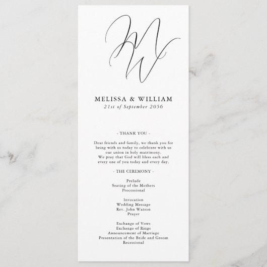Programme Mariage Chic Monogramme Initiales Modernes Blanc (Devant)